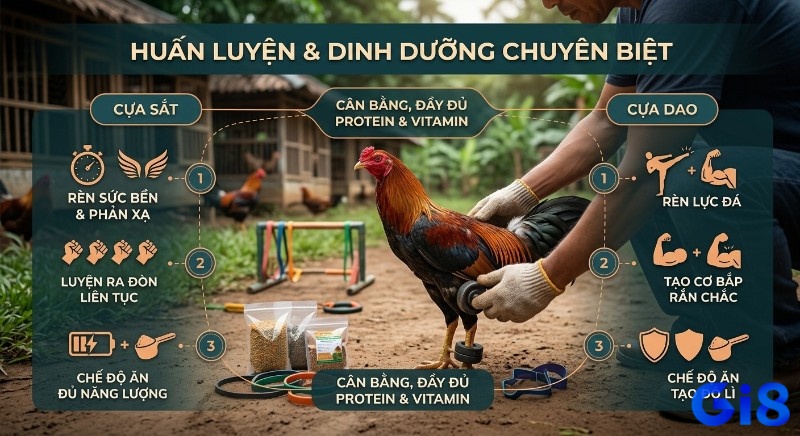 Quy trình huấn luyện & dinh dưỡng chuyên biệt cho gà cựa sắt (rèn sức bền, phản xạ, năng lượng) và gà cựa dao (lực đá, cơ bắp, độ lì)