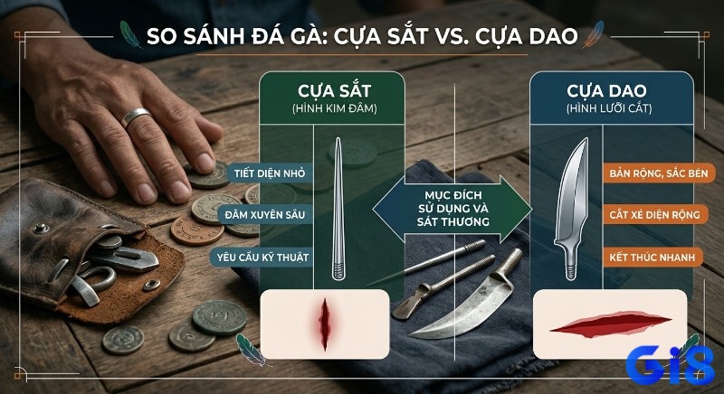 Bảng so sánh giữa đá gà cựa sắt vs cựa dao giúp làm rõ sự khác biệt về cấu tạo, mức độ sát thương cũng như yêu cầu kỹ năng khi thi đấu