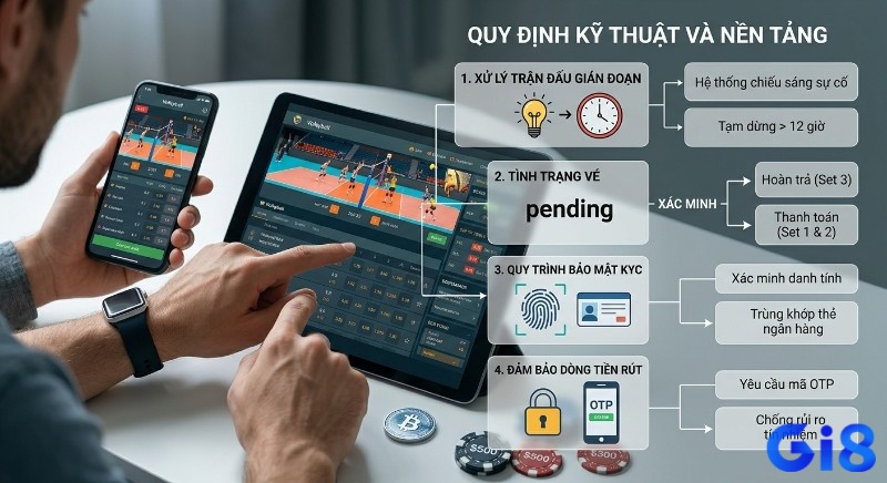 Quy trình 4 bước về yếu tố kỹ thuật và chính sách nền tảng: xử lý trận đấu gián đoạn, vé pending, KYC, đảm bảo dòng tiền rút trong cá cược trực tuyến.