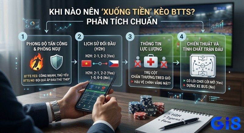 Quy trình 4 bước phân tích chuẩn để xuống tiền kèo BTTS dựa trên phong độ, H2H, lực lượng và chiến thuật trong kèo BTTS là gì