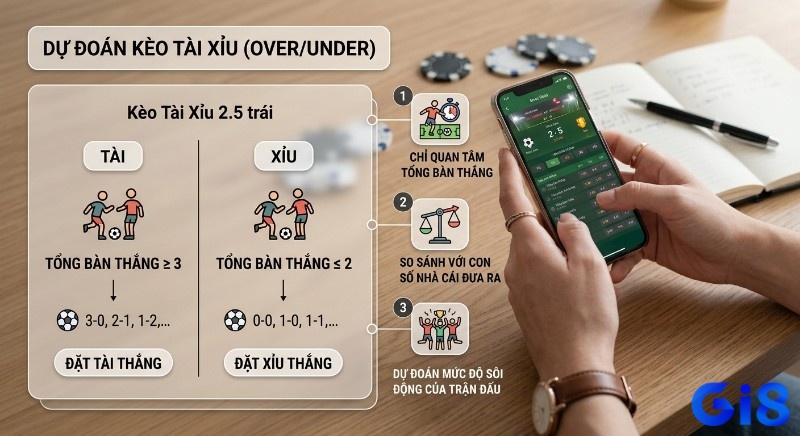 Quy trình dự đoán kèo Tài Xỉu (Over/Under) bóng đá để đọc vị nhà cái, minh họa qua 3 bước và ví dụ kèo 2.5 trái