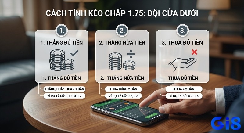 Giải thích chi tiết 3 trường hợp thắng thua kèo chấp 1.75 là gì cho đội cửa dưới: thắng đủ, thắng nửa, và thua đủ tiền, kèm ví dụ