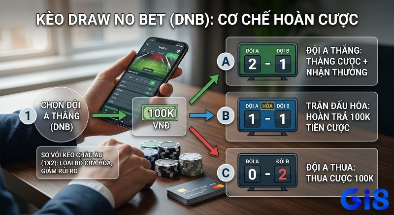 Cơ chế Kèo Draw No Bet là gì (DNB) hoàn cược khi hòa, minh họa 3 trường hợp thắng thua chi tiết với ví dụ cược 100K