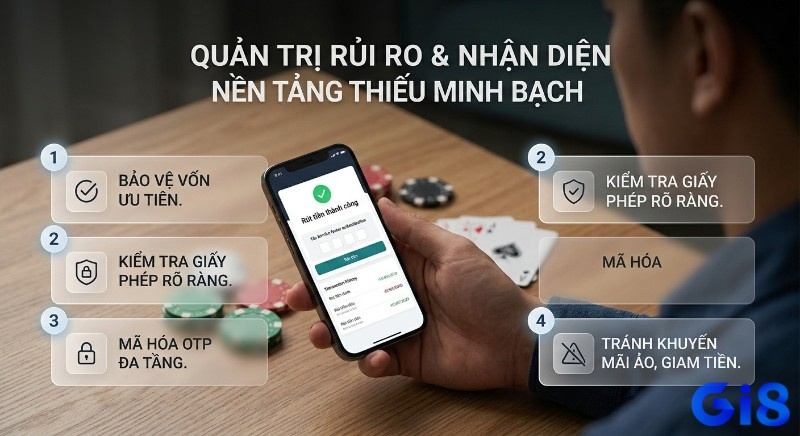 Checklist quản trị rủi ro, nhận diện nền tảng minh bạch gồm 4 tiêu chí: bảo vệ vốn, giấy phép, mã hóa OTP, tránh khuyến mãi ảo