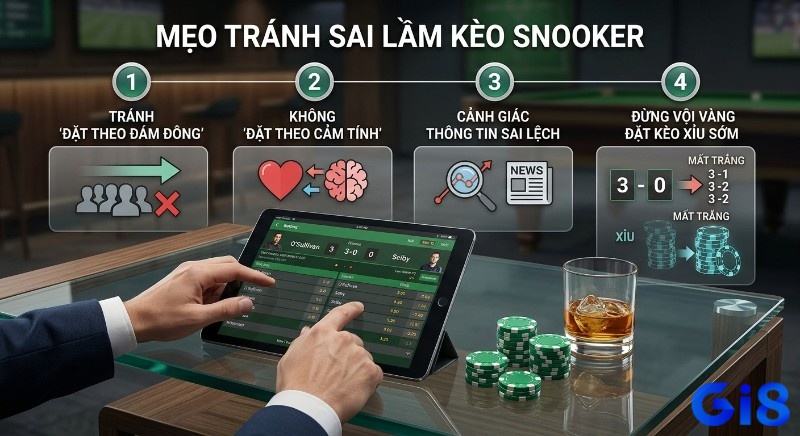 Checklist 4 mẹo chơi kèo Snooker là gì hiệu quả: tránh đặt theo đám đông, cảm tính, thông tin sai lệch và không vội cược xỉu sớm 3-0