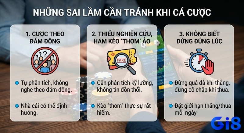 Tổng hợp 3 sai lầm nguy hiểm trong cá cược: cược theo đám đông, ham kèo ảo, và không biết dừng đúng lúc để bảo toàn vốn