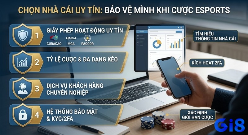 Các tiêu chí chọn nhà cái uy tín, để bảo vệ bản thân khi cược eSports, từ giấy phép, dịch vụ đến hệ thống 2FA