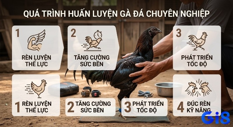 Quy trình huấn luyện gà đá gồm 4 bước chính: xây dựng thể lực, tăng độ bền bỉ, cải thiện tốc độ phản xạ và rèn kỹ năng thi đấu thực chiến