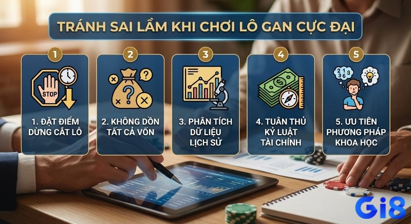 5 nguyên tắc tránh sai lầm chết người khi chơi lô gan cực đại là gì: đặt điểm cắt lỗ, không dồn vốn, tuân thủ kỷ luật tài chính và phân tích khoa học