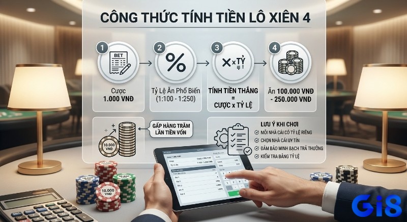 Công thức tính tiền lô xiên 4 là gì ăn bao nhiêu qua 4 bước: đặt cược, tỷ lệ, tính thắng; kèm checklist chọn nhà cái uy tín