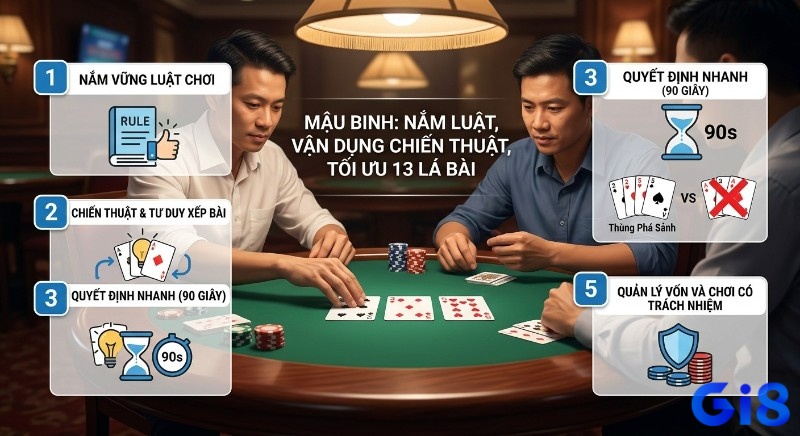 Tổng quan chiến lược Mậu Binh: nắm luật chơi mậu binh, vận dụng tư duy xếp bài tối ưu 13 lá, quyết định nhanh 90 giây và quản lý vốn