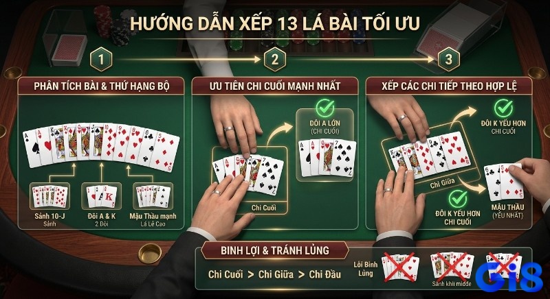Quy trình 3 bước hướng dẫn tư duy, xếp 13 lá bài thành 3 chi tối ưu, minh họa cách phân tích và tránh binh lủng.