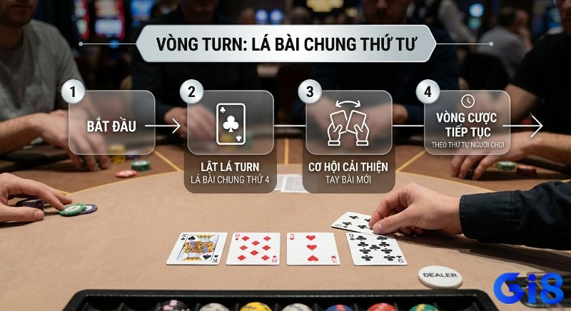 Quy trình chi tiết 4 bước vòng Turn trong Poker, từ lật lá bài chung thứ tư, cơ hội cải thiện tay bài và tiếp tục cược