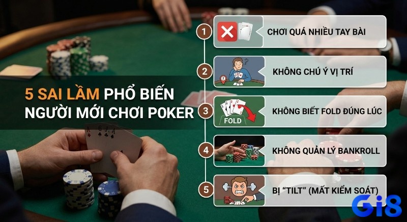 Danh sách 5 sai lầm người mới chơi Poker thường mắc phải, giúp tránh thua lỗ và giữ vững tâm lý khi chơi bài theo luật chơi poker cơ bản
