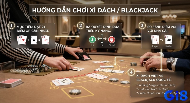 Hướng dẫn 4 bước luật chơi Xì Dách Blackjack quốc tế, từ mục tiêu điểm 21 đến so sánh Xì Bàng, Ngũ Linh, dằn non và chiến thuật linh hoạt