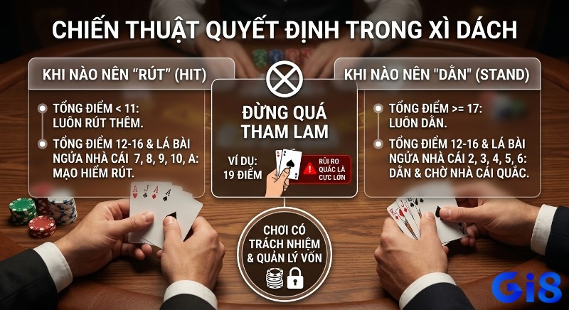 Hướng dẫn chiến lược chơi Xì Dách về quyết định rút/dằn, kèm lời khuyên quản lý vốn và tránh tham lam