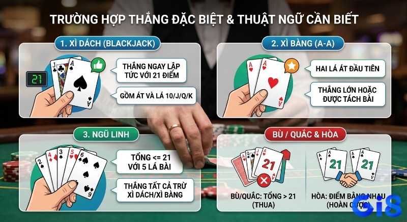 Hướng dẫn các trường hợp thắng đặc biệt và thuật ngữ cần biết khi chơi Xì Dách như Xì Dách, Xì Bàng, Ngũ Linh, Bù, Hòa