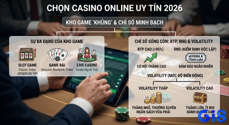 Hướng dẫn chọn casino online uy tín 2026 với kho game đa dạng cùng các chỉ số RTP, RNG, Volatility minh bạch giúp người chơi tối ưu chiến lược