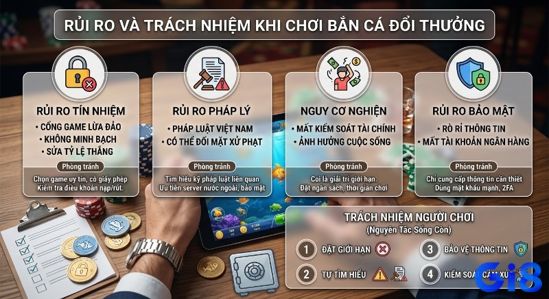 Tổng quan 4 rủi ro tín nhiệm, pháp lý, nghiện, bảo mật và 4 nguyên tắc sống còn về trách nhiệm khi chơi bắn cá đổi thưởng là gì