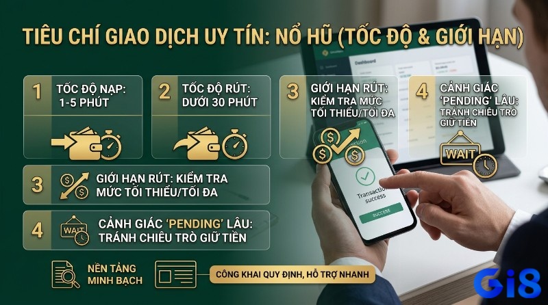 Tiêu chí giao dịch uy tín cổng game nổ hũ: tốc độ nạp 1-5 phút, rút dưới 30 phút, giới hạn rút tiền, cảnh giác 'pending' lâu, nền tảng minh bạch