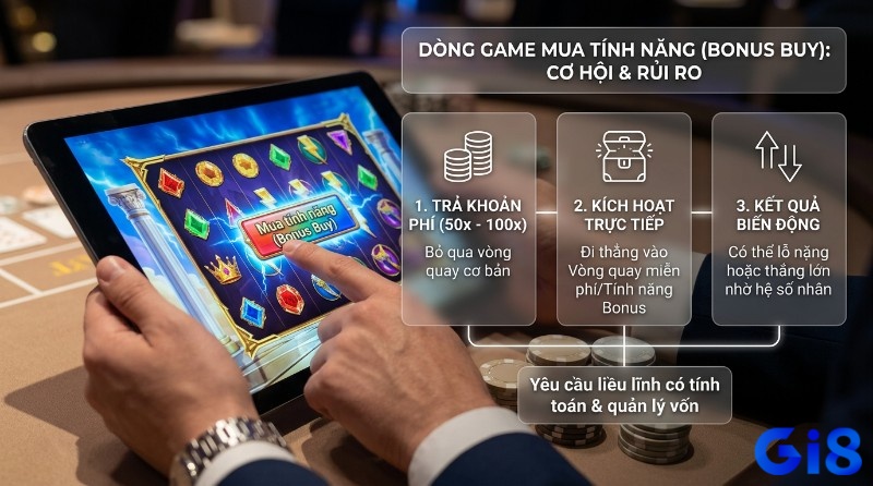 Dòng game Mua tính năng (Bonus Buy) trả phí 50x-100x kích hoạt tính năng bonus, kết quả biến động, đòi hỏi liều lĩnh và quản lý vốn