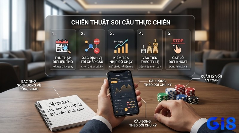 Chiến thuật soi cầu thực chiến 5 bước cách chơi lô đề miền Trung: thu thập dữ liệu, ghép cầu, kiểm tra nhịp, vào tiền theo tỷ lệ, cắt lỗ. Áp dụng bạc nhớ, cầu động, quản lý vốn an toàn