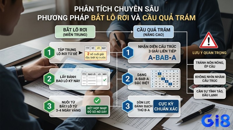 Phân tích lô rơi cách chơi lô đề miền Trung: 2 số cuối giải đặc biệt, nuôi 3-4 ngày. Cầu quả trám: A-BAB-A từ 3 giải liên tiếp, đánh B-A