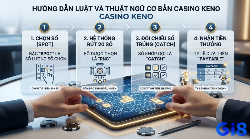 Hướng dẫn luật và thuật ngữ Casino Keno qua 4 bước: chọn số Spot, hệ thống rút 20 số RNG, đối chiếu số Catch, nhận thưởng Paytable trên lưới 80 ô