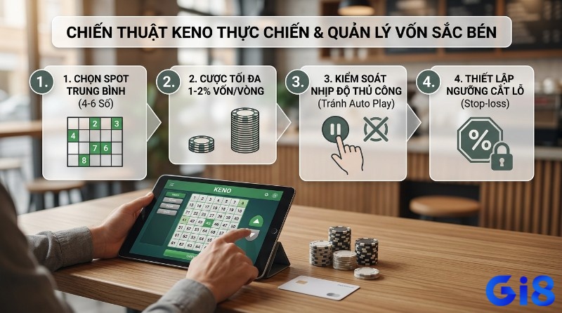 Chiến thuật Keno thực chiến quản lý vốn sắc bén: chọn Spot 4-6 số, cược 1-2% vốn, kiểm soát thủ công, thiết lập cắt lỗ