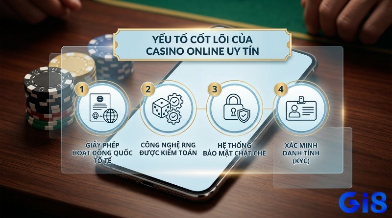 Yếu tố cốt lõi của casino là gì online uy tín: giấy phép quốc tế, công nghệ RNG được kiểm toán, hệ thống bảo mật chặt chẽ và xác minh danh tính KYC