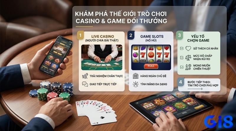 Khám phá trò chơi casino là gì online đa dạng: Live Casino, Slots (Nổ Hũ), chọn theo sở thích, rủi ro, chiến thuật