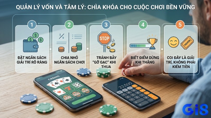 Quản lý vốn và tâm lý: 5 nguyên tắc, chip poker, biển STOP, cúp, vé xem phim, điện thoại chơi casino là gì.