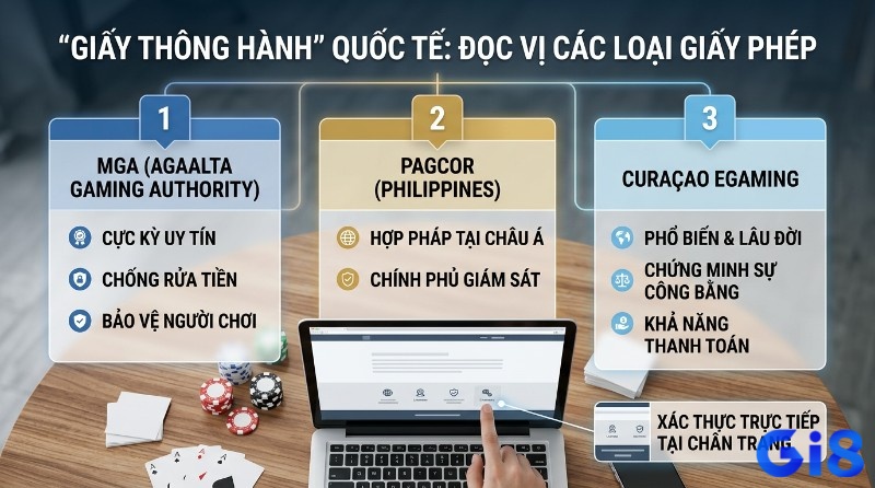 Đọc vị các loại giấy phép quốc tế MGA, PAGCOR, Curaçao eGaming với tiêu chí uy tín, chống rửa tiền, bảo vệ người chơi, hợp pháp, công bằng, khả năng thanh toán. Xác thực tại chân trang web