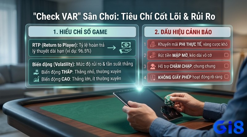 Tiêu chí cốt lõi và rủi ro sân chơi: RTP (96.5%), Biến động (thấp/cao) và 4 dấu hiệu cảnh báo: khuyến mãi, rút tiền, hỗ trợ, giấy phép