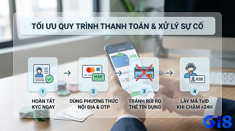 Tối ưu quy trình thanh toán và xử lý sự cố với 4 bước: hoàn tất KYC, dùng phương thức nội địa OTP, tránh rủi ro thẻ tín dụng, lấy mã TxID khi chậm quá 24 giờ