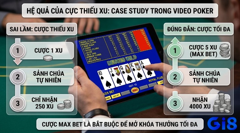 Hậu quả cược thiếu xu trong casino video poker: cược 1 xu cho Sảnh chúa tự nhiên chỉ nhận 250 xu, thay vì 4000 xu khi cược 5 xu tối đa