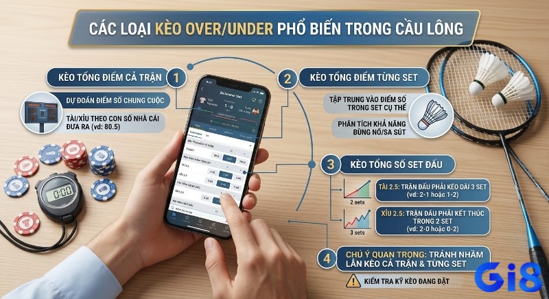 Tổng quan 4 loại kèo cược cầu lông Over/Under phổ biến trong cầu lông: tổng điểm cả trận, từng set, tổng số set đấu kèm lưu ý cược