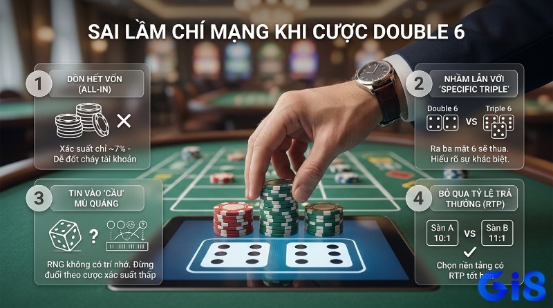 Sai lầm chí mạng khi cược Sicbo Double 6 là gì: dồn hết vốn (ALL-IN) xác suất ~7%, nhầm lẫn Triple 6, tin 'cầu' mù quáng, bỏ qua RTP 10:1 vs 11:1