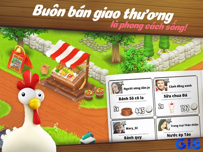 Gian hàng ven đường trong Hay Day hiển thị nông sản và vật phẩm đang bán
