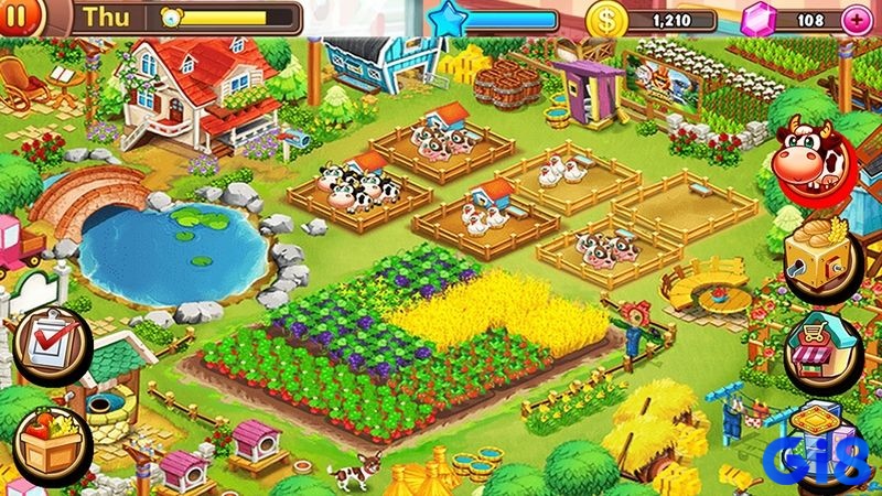 Đồ họa 2D của Hay Day với ruộng cây, vật nuôi và công trình sản xuất