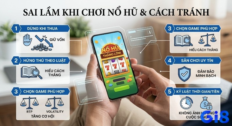Checklist 5 mẹo chơi Nổ Hũ hiệu quả: dừng khi thua, hiểu luật, chọn game phù hợp, sân chơi uy tín, kỷ luật thời gian/tiền