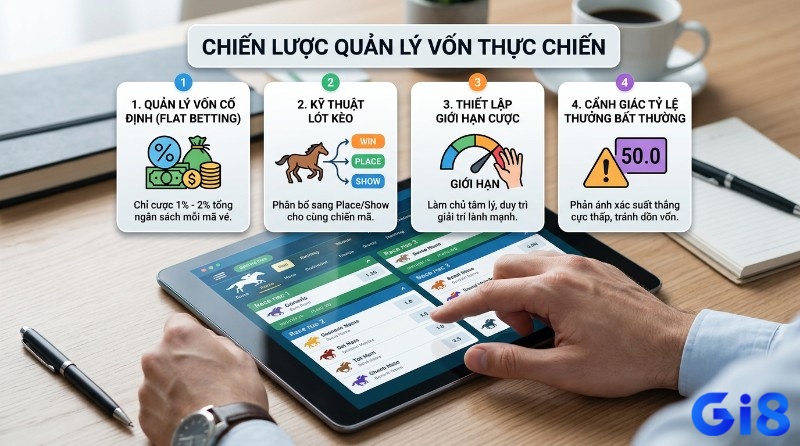 Chiến lược quản lý vốn thực chiến với Flat Betting 1-2% ngân sách, kỹ thuật lót kèo Win/Place/Show, thiết lập giới hạn cược và cảnh giác tỷ lệ thưởng 50.0