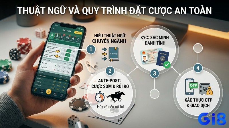 Thuật ngữ và quy trình đặt cược an toàn: điện thoại hiển thị ứng dụng cá cược, 4 bước hiểu thuật ngữ, KYC, Ante-Post rủi ro, xác thực OTP