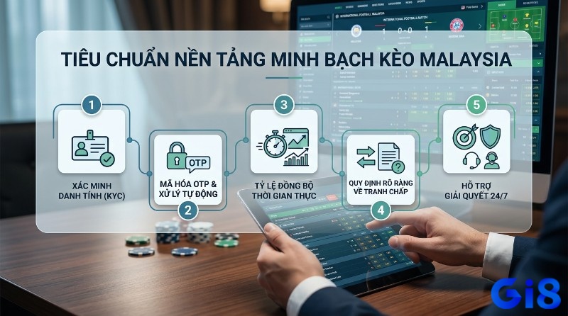 Tiêu chuẩn nền tảng minh bạch, kèo Malaysia là gì, với 5 yếu tố: xác minh danh tính KYC, mã hóa OTP, tỷ lệ đồng bộ thời gian thực, quy định tranh chấp rõ ràng và hỗ trợ 24/7