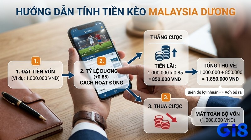 Cách tính tiền kèo Malaysia dương, ví dụ đặt 1tr VNĐ tỷ lệ +0.85, thắng lãi 850.000 VNĐ, thua mất vốn
