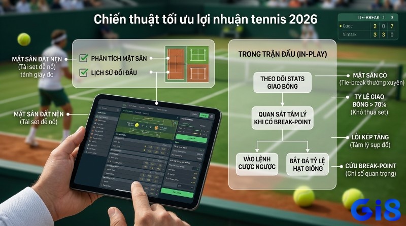 Chiến thuật kèo tennis set cược tối ưu lợi nhuận tennis 2026: phân tích mặt sân, lịch sử đối đầu, thống kê giao bóng, tâm lý break-point và đặt cược in-play trên giao diện tablet