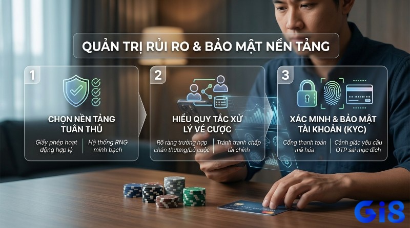 Quản trị rủi ro và bảo mật nền tảng: chọn nền tảng tuân thủ, RNG minh bạch, hiểu quy tắc xử lý vé cược, xác minh tài khoản KYC, cổng thanh toán mã hóa