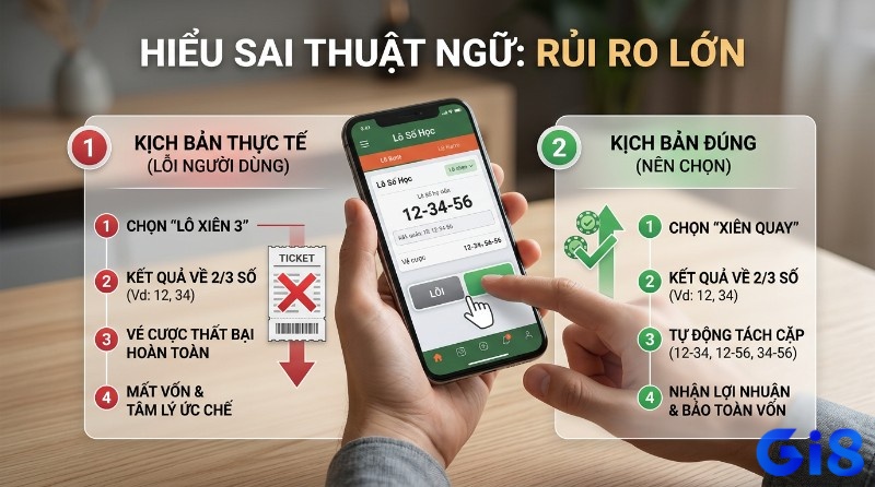 Hiểu sai thuật ngữ số học dẫn đến rủi ro vốn nghiêm trọng, minh họa chọn lô xiên 3 mất vốn khi trúng 2/3 số, trong khi xiên quay bảo toàn lợi nhuận