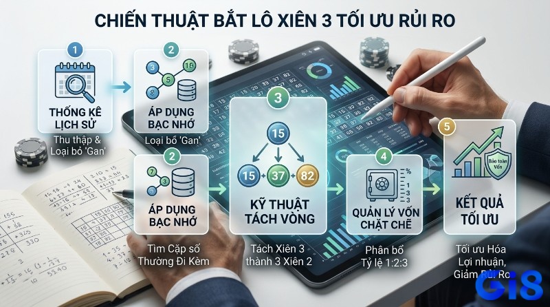 Chiến thuật bắt lô xiên 3 là gì tối ưu rủi ro với 5 bước: thống kê, bạc nhớ, tách vòng số 15, 37, 82, quản lý vốn 1:2:3, bảo toàn lợi nhuận