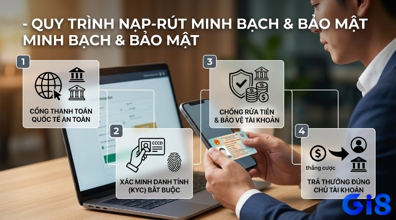 Quy trình nạp-rút minh bạch, bảo mật với 4 bước: cổng thanh toán quốc tế, xác minh danh tính KYC, chống rửa tiền, trả thưởng đúng chủ tài khoản